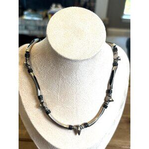 Stainless Steel & Black Beaded Necklace With Spike Accents